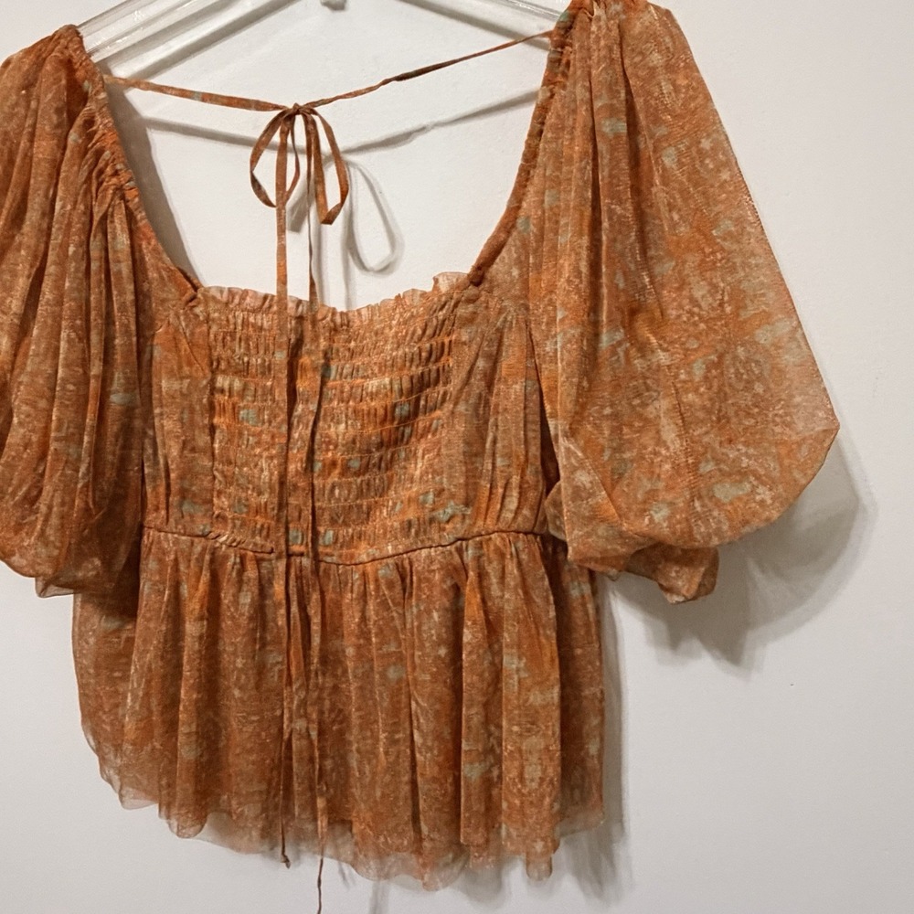 Free People Top XL Penelope Printed Smocked Peplum Top Orange Chiffon Summer NEW - Picture 8 of 10